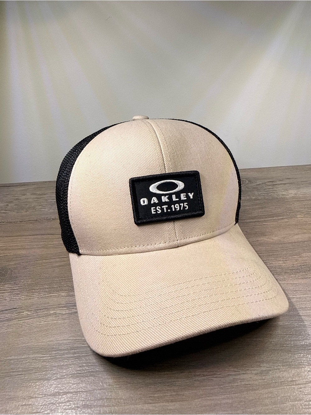 Oakley Beige Front Panel with Black Mesh Trucker Hat
